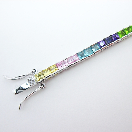 Rainbow CZ Tennis-stye Sterling Bracelet - Click Image to Close